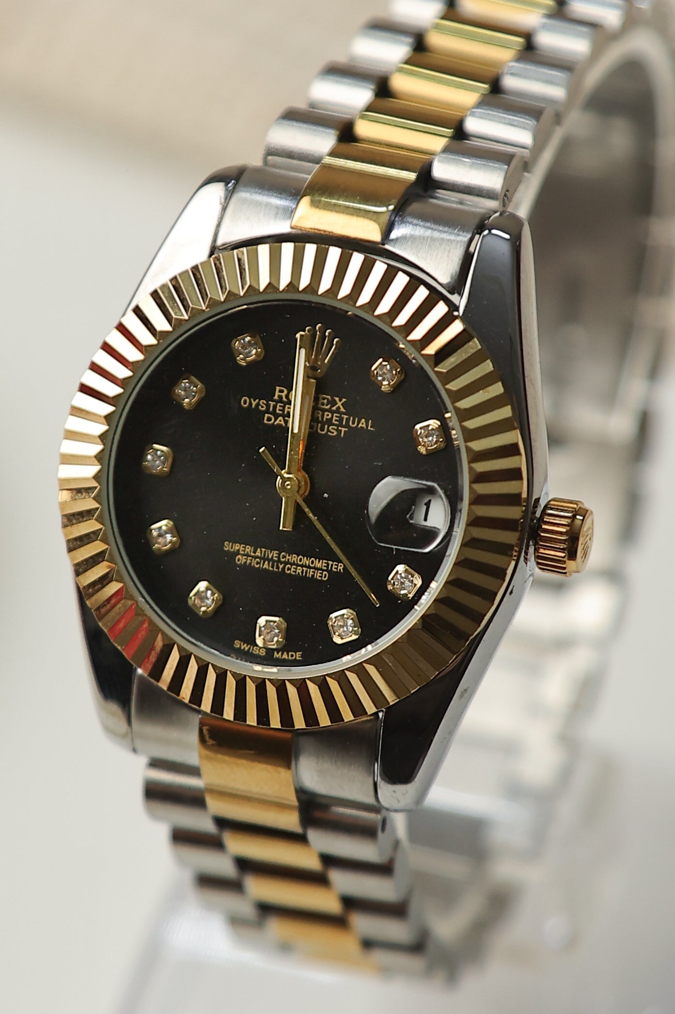 Premium Ladies' Two-Tone Day-Date Watch with Black Dial, Stainless Steel