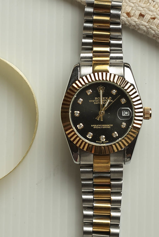 Premium Ladies' Two-Tone Day-Date Watch with Black Dial, Stainless Steel